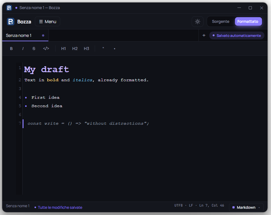 Bozza - editor Markdown, tema scuro