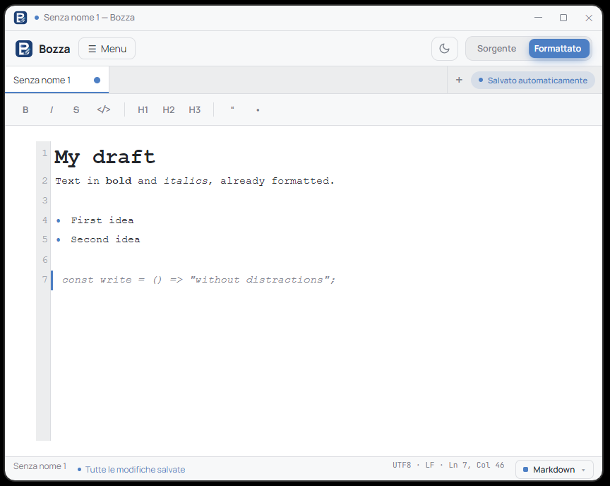Bozza - editor Markdown, tema chiaro